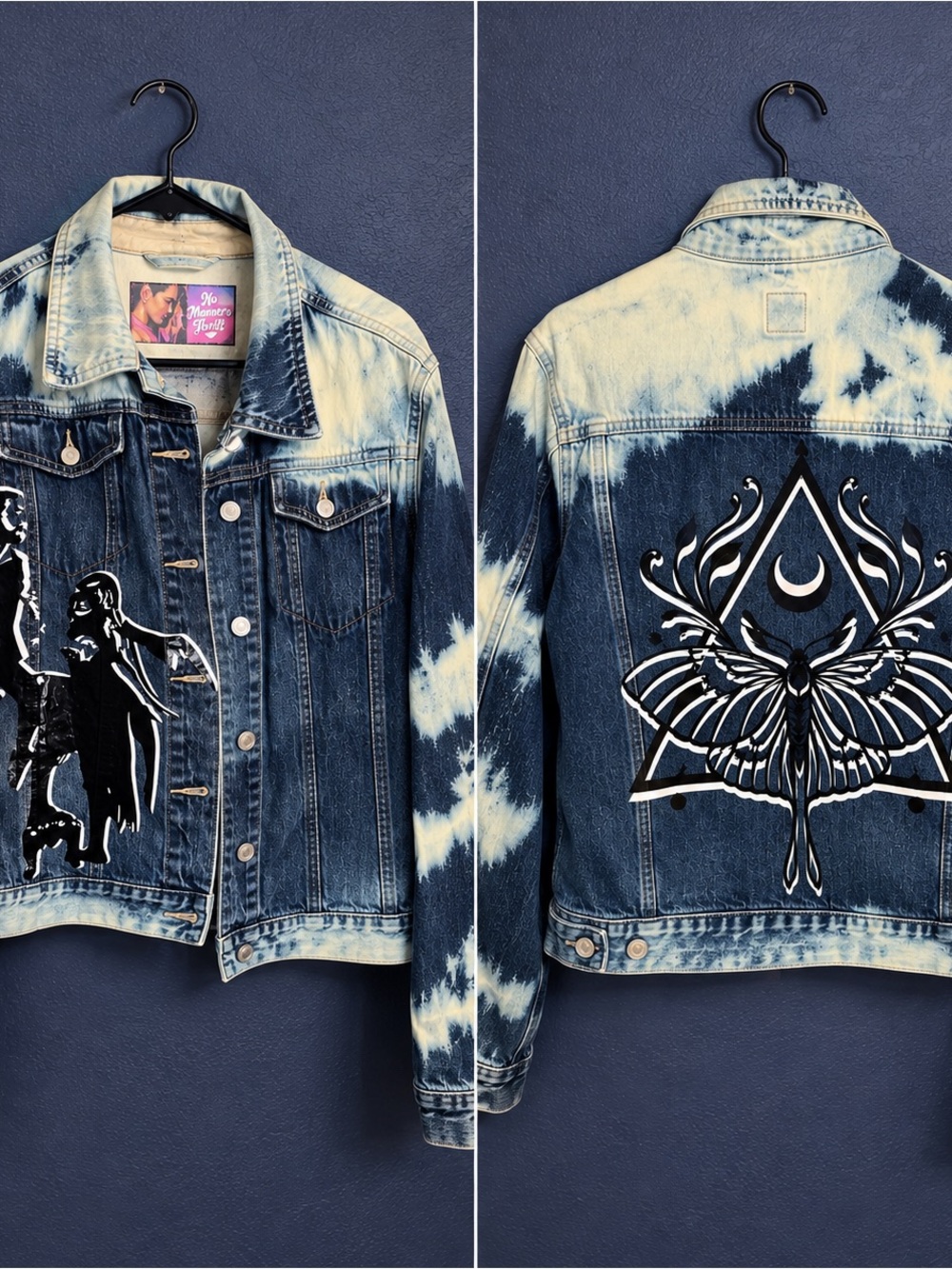No Manners Thrift Fleetwood Mac Stevie Nicks Tie Dye Denim Jacket Large OOAK